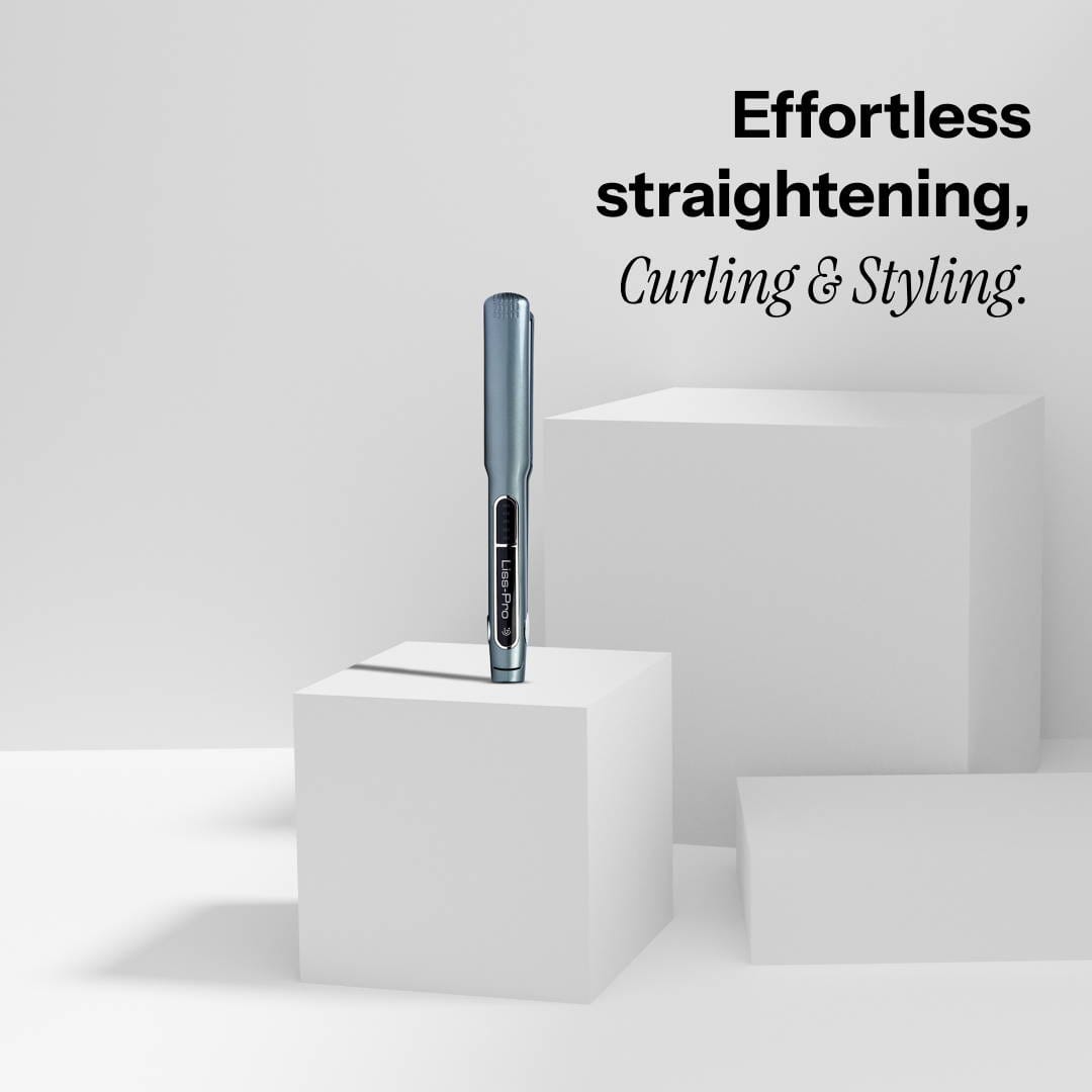 A Liss Pro hair straightener Text reads: "Effortless straightening, curling & styling—perfect for your lifestyle.