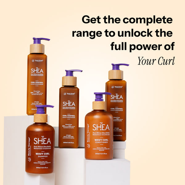 Five Shea Curl Group hair care products with orange bottles and purple pumps highlighting premium curl care solutions.