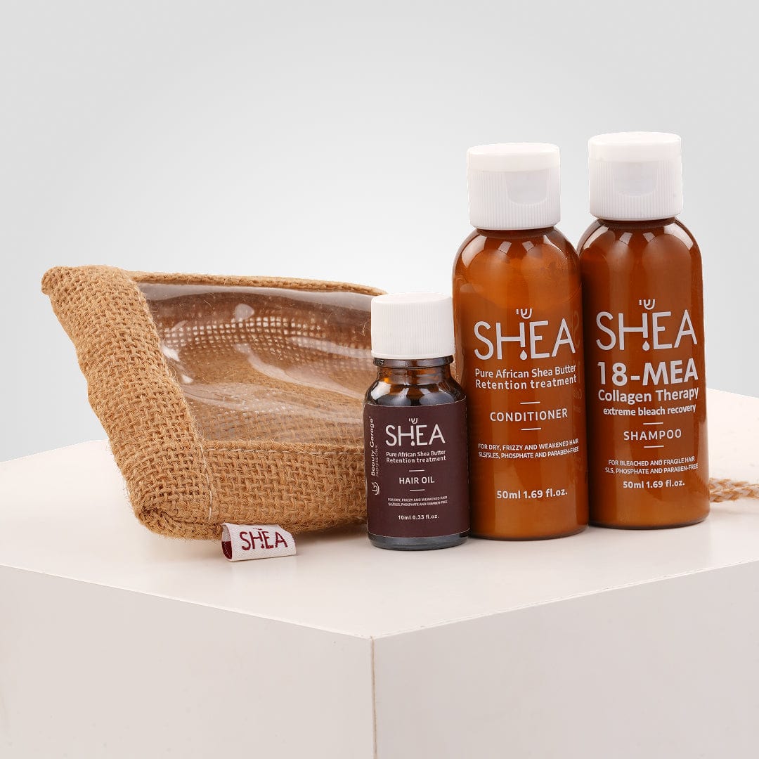 Beauty Garage Shea Retention Mini Travel Kit – Haircare set with shampoo, conditioner, mask, and oil in compact sizes.