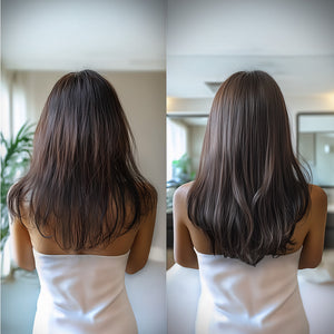 Before-and-after images of a woman's hair reveal the transformative effects of Keratin Smooth Daily Conditioner.