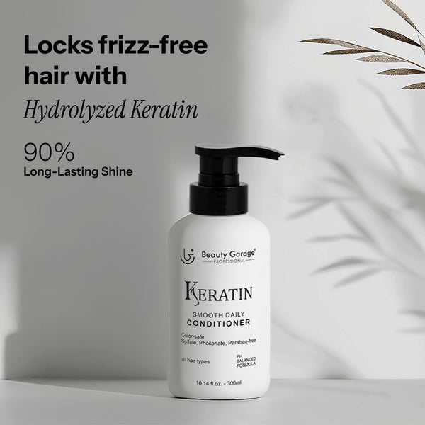 Keratin Smooth Daily Conditioner Locks frizz-free hair with Hydrolyzed Keratin, 90% Long-Lasting Shine.