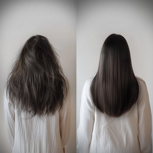 Keratin Smooth Daily Shampoo transformation. Left: frizzy hair in a white shirt. Right: now with smooth, straightened locks.