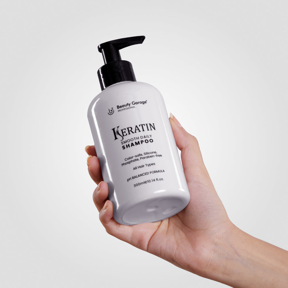 A bottle of Basic Keratin Smooth Daily Shampoo with a pump dispenser, perfectly labeled for all hair types.