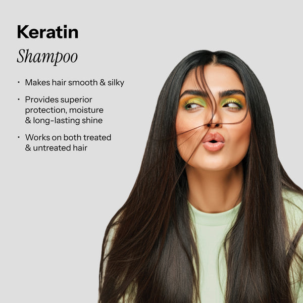 Text highlighting the benefits of keratin smooth daily shampoo, including enhanced smoothness, lasting moisture, protection.