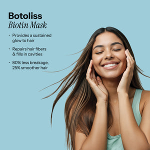 Benefits of Botoliss Biotin Hair Mask. sustains glow, fiber repair, 80% less breakage, 25% smoother hair.