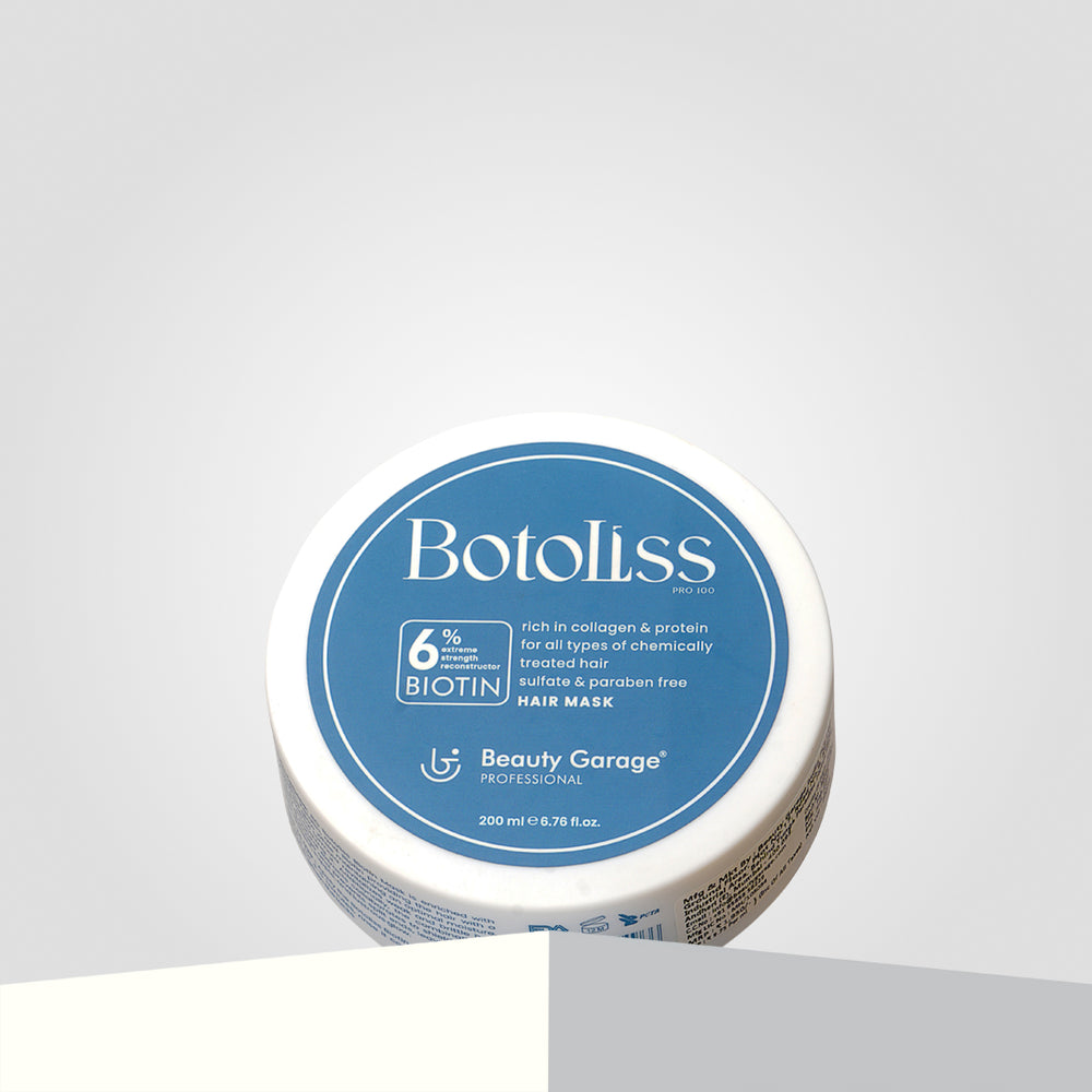 The Botoliss Biotin Hair Mask comes in a stylish container with a blue label, featuring 6% biotin and collagen