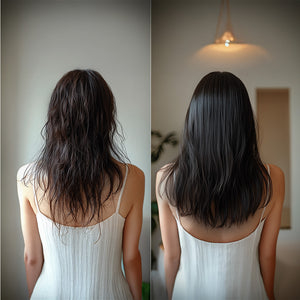 Before and after comparison highlights hair transformation using Botoliss biotin shampoo.