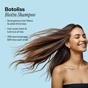 Botoliss Biotin Shampoo model emphasizes benefits: strengthens hair, boosts thickness, and reduces breakage and split ends.