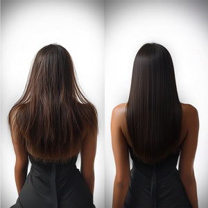 The left side portrays frizzy hair; the right side reveals smooth, straightened locks with Botoliss gloss-like shine.