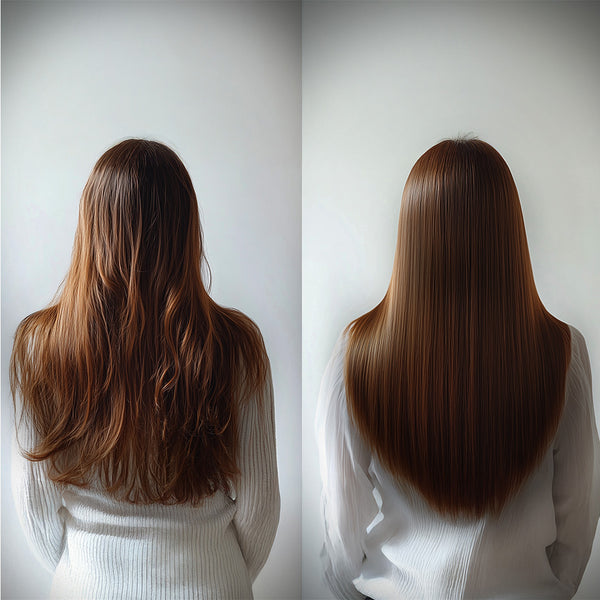 Botoliss Smooth Shield Hair Serum. On the left, hair is wavy and tousled, while on the right smooth and straightened.