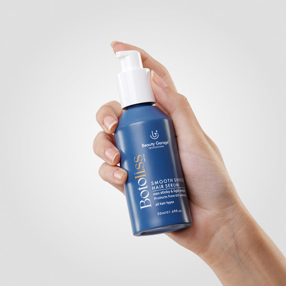 Botoliss Smooth Shield Hair Serum emphasizes its non-sticky, lightweight formula perfect for all hair types.