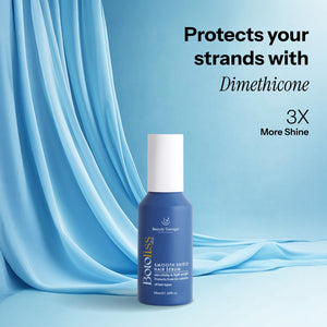 Boostiss Smooth Shield Hair Serum illustrating its lifestyle benefits provides 3x more shine and contains Dimethicone.