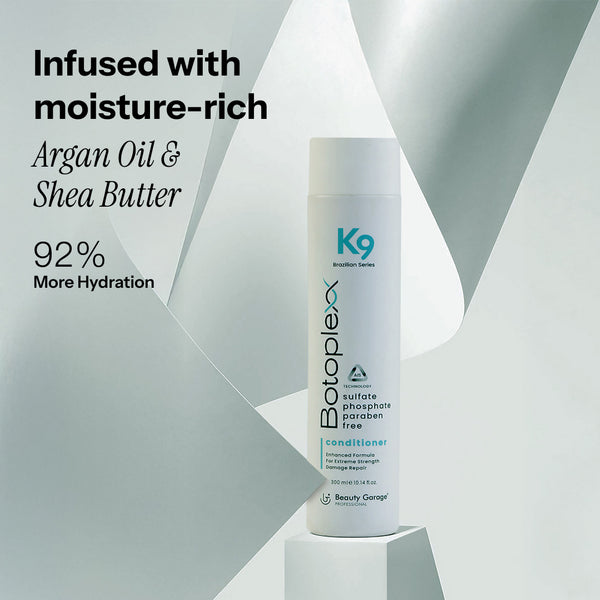 Botoplexx K9 Conditioner Model highlights its moisture-rich formula with argan oil and shea butter.