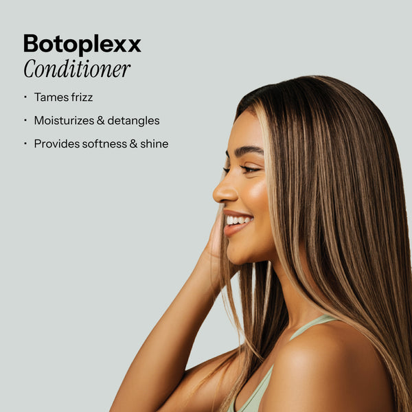 Botoplexx K9 Conditioner Model, showcasing its benefits tames frizz, moisturizes, detangles, and provides softness and shine.