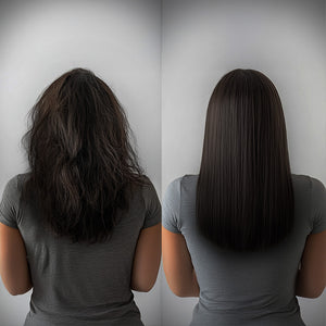 Before and after comparison, the left image reveals frizzy hair, while the right boasts smooth, sleek strands.