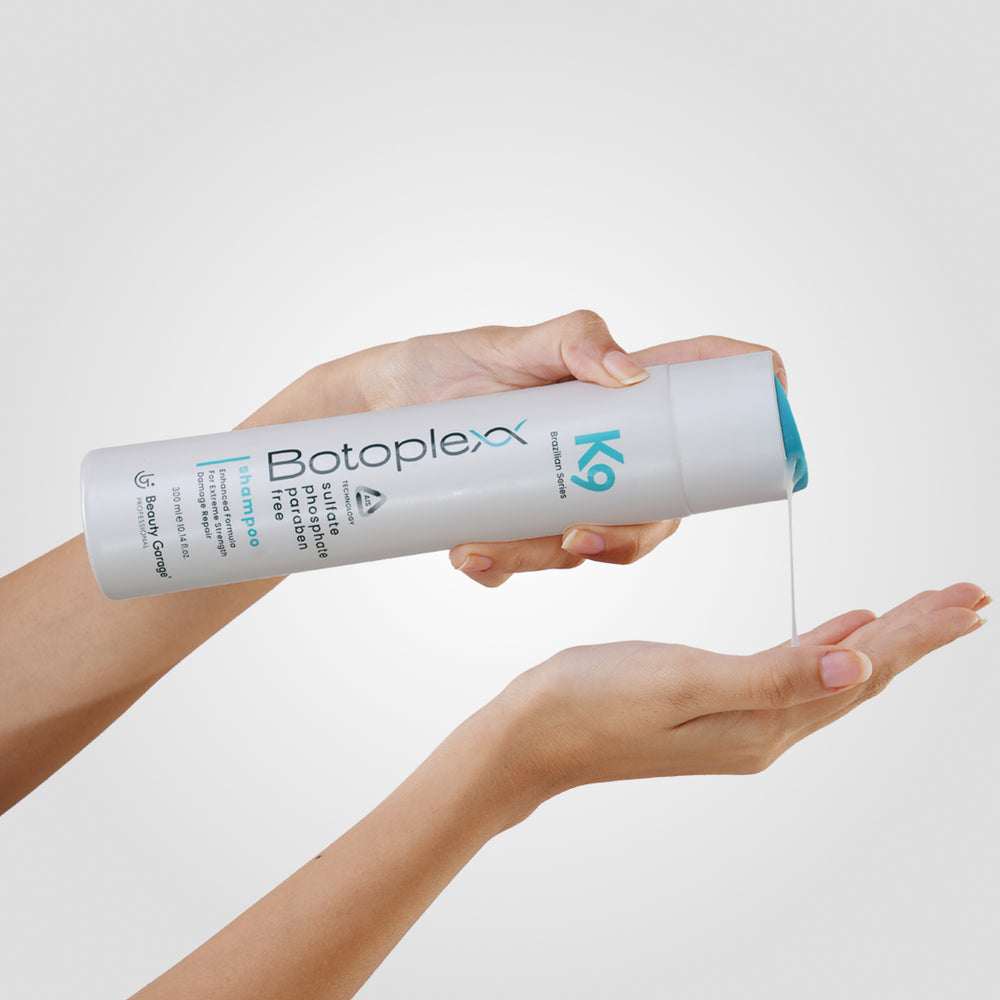 Botoplexx K9 shampoo boasts a sulfate, phosphate, and paraben-free formula against a minimalist white and gray backdrop.