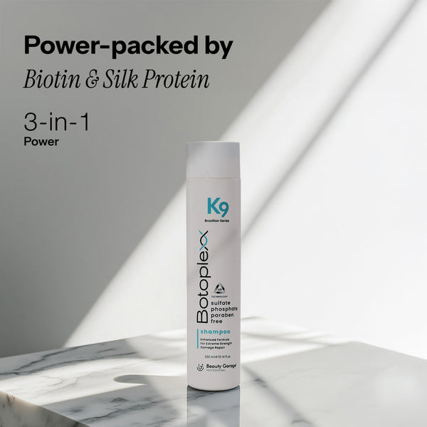 Botoplexx K9 shampoo highlights biotin and silk protein as ingredient.