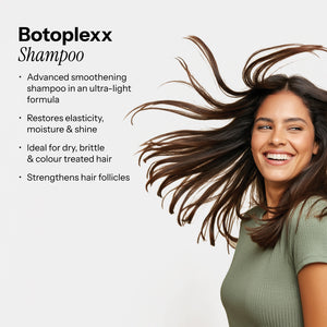 Botoplexx K9 Shampoo, highlighting benefits like smoothing, moisture, elasticity, and strength for treated hair.