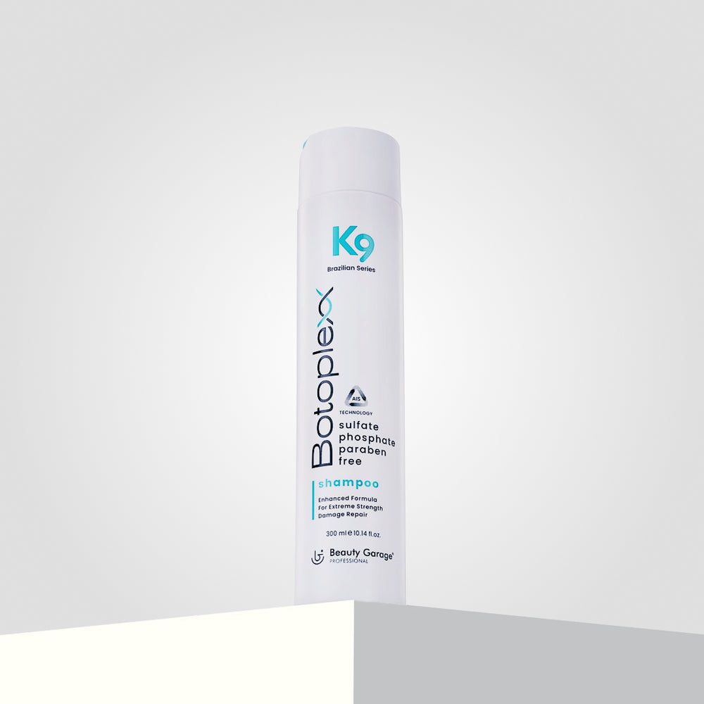 Botoplexx K9 shampoo boasts a sulfate, phosphate, and paraben-free formula against a minimalist white and gray backdrop.