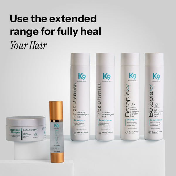 Hair care products from K9, featuring the Botoplexx group, include shampoo, conditioner, leave-in treatment, and masque.