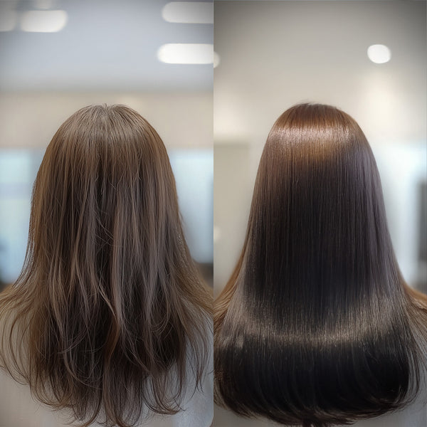 Comparison of two backs of heads showcasing the transformation after using Botoplexx K9 frizz dismiss oil.