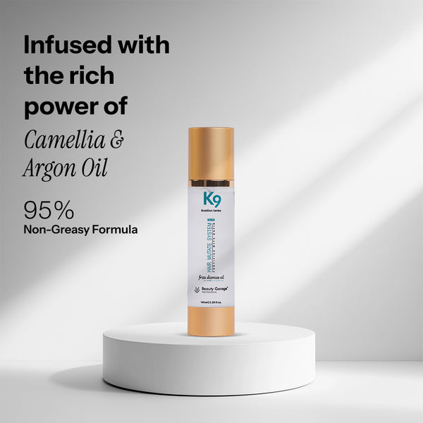 A bottle of Botoplexx K9 Frizz Dismiss Oil repair serum infused with the rich power of Camellia, 95% non-greasy formula.