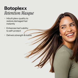 Botoplexx Retention Masque model with long hair highlighting its benefits for restoring and protecting hair.