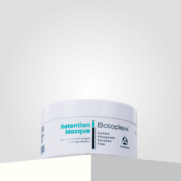 Botoplexx Retention Masque for hair exhibits its sulfate, phosphate, and paraben-free formulation against a plain background.