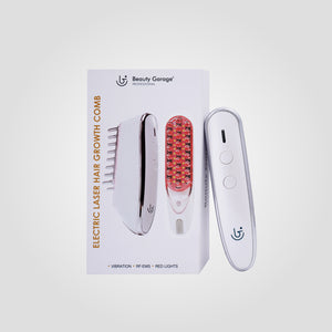 Electric laser hair growth comb backshot, with packaging, featuring vibration, RF, EMS, and red lights.