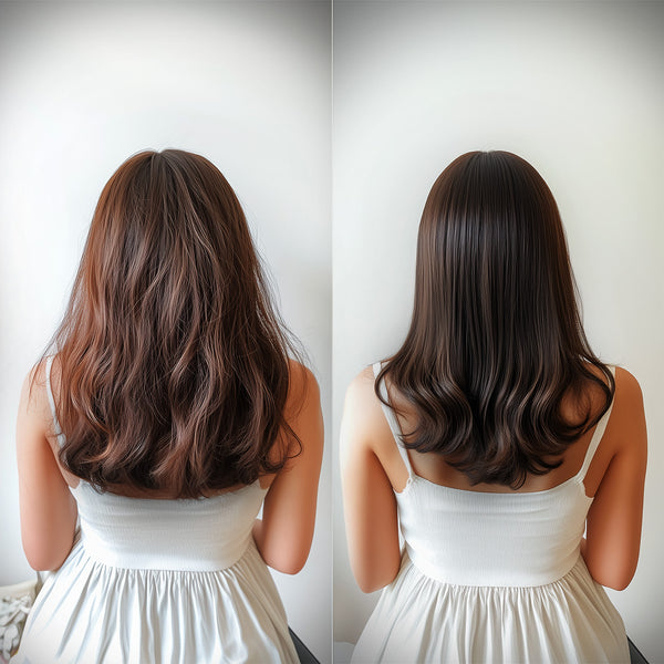 Two images showing the transformative effect of using an electric laser hair growth comb.