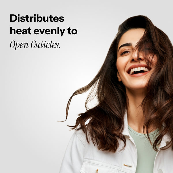 A woman with long brown hair smiles brightly, showcasing her role as a heating cap model.