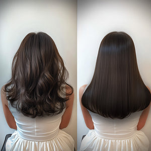 Before-and-after image showcasing the transformation achieved with the Liss Pro hair straightener.