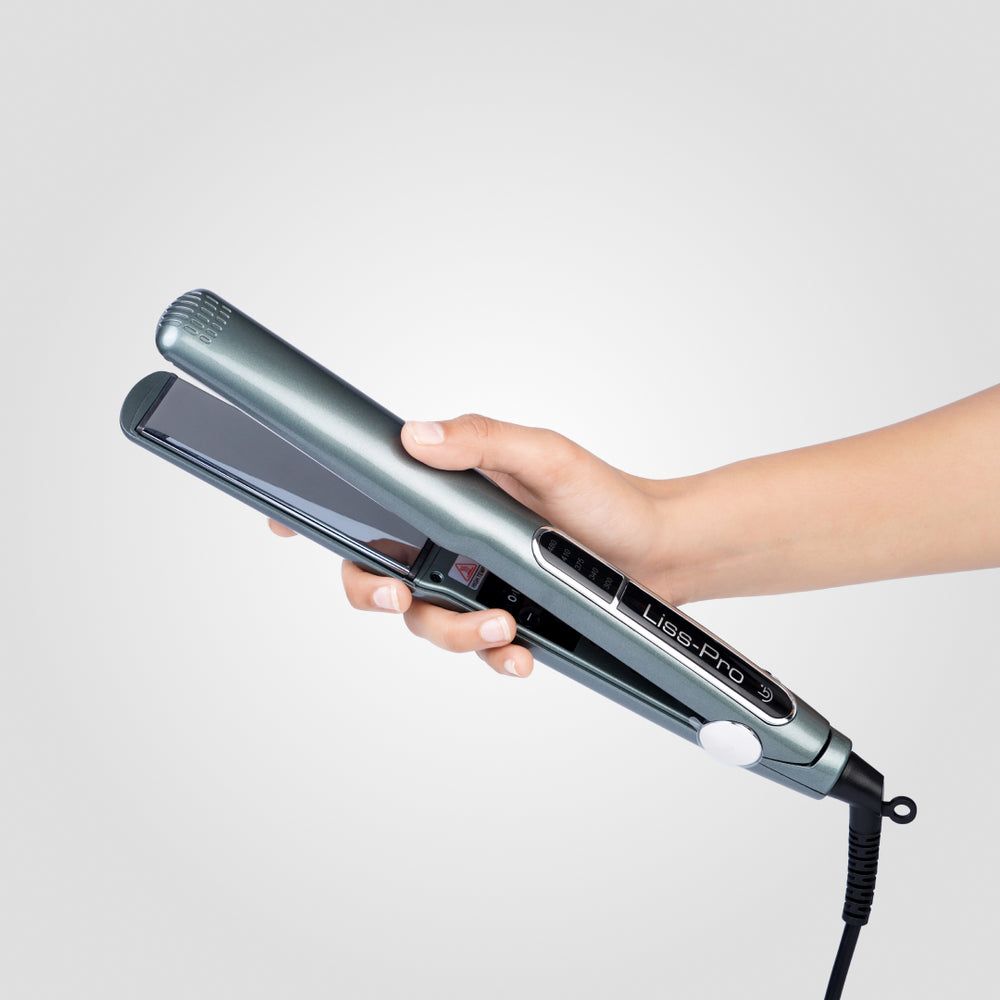 The sleek Liss Pro hair straightener its silver finish gleaming like a professional-grade thumbnail.