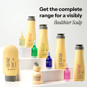 Four colorful Scalpsense treatment bottles are displayed on transparent stands for a healthier scalp.