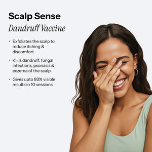 Benefits of the ScalpSense Dandruff Defense Vaccine, highlighting exfoliation, killing dandruff, and 93% visible results .