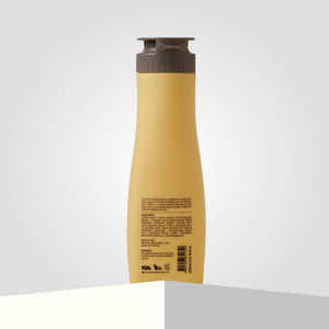 The backshot reveals the Yellow ScalpSense Hairfall Defense Shampoo bottle with a dark gray flip-cap.