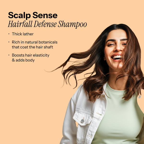 ScalpSense Hairfall Defense Shampoo Model promotes the shampoo's benefits like thick lather, botanical richness.