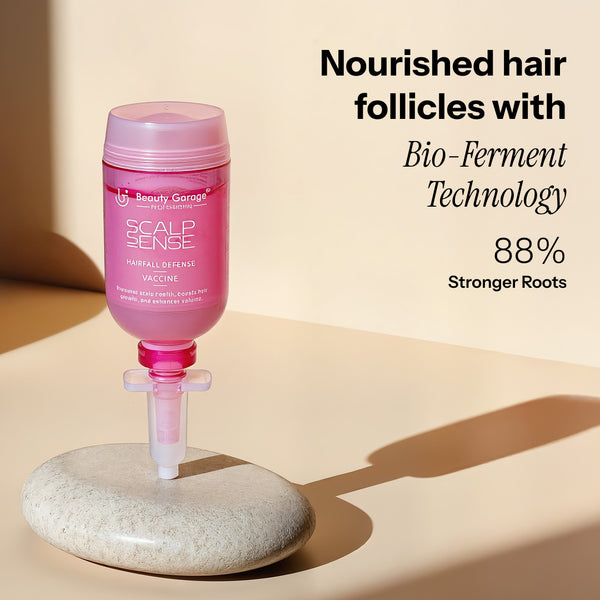 The Pink ScalpSense Hair Fall Defense Vaccine bottle, showcasing its "Bio-Ferment Technology" for the lifestyle-conscious.