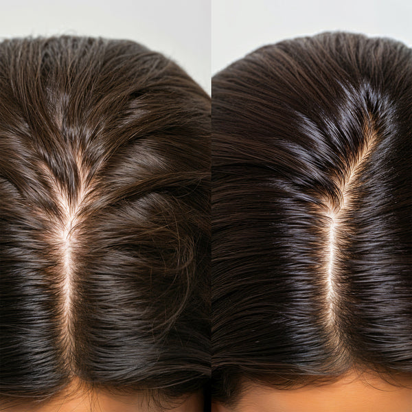 Side-by-side comparison of a person's scalp and hair reveals the transformative effects of ScalpSense Hydra Soothe Shampoo.