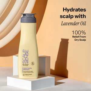 Bottle of ScalpSense Hydra Soothe Shampoo on geometric blocks, showcasing a lifestyle of tranquility.