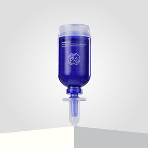 ScalpSense Hydra Soothe bottle, filled with blue liquid, stands upside down with a dispenser nozzle at the bottom.