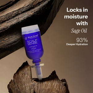 ScalpSense tube, featuring a white nozzle embedded in wood, is your go-to for promoting sage oil's 93% deeper hydration.