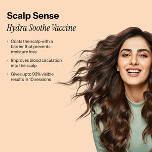 A smiling model showcases the benefits of ScalpSense Hydra Soothe Vaccine, moisture loss prevention and improved circulation.