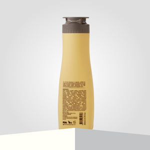 Yellow ScalpSense Oil Out Shampoo backshot of the bottle showcases its text and logo near the base.