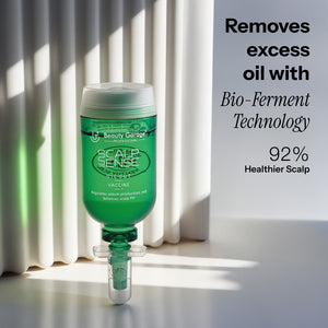 Beauty Garage ScalpSense solution, featuring Oil Out technology and bio-ferment innovation for a 92% healthier scalp.