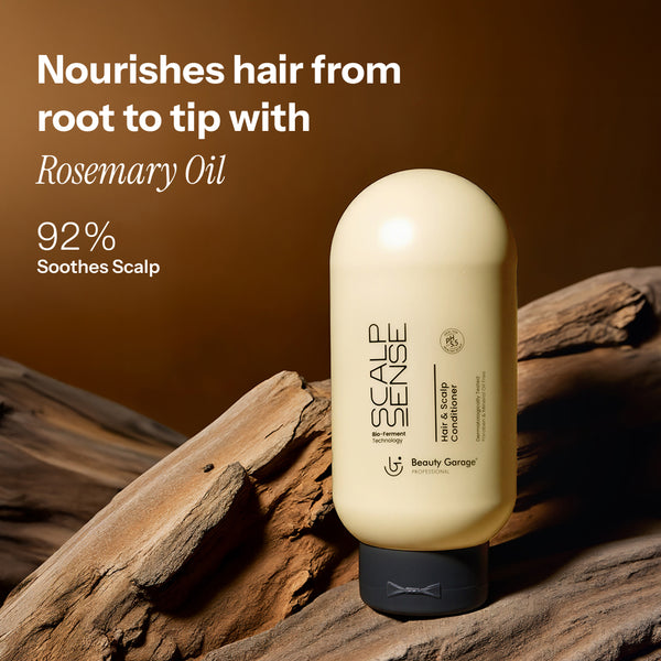 A bottle of ScalpSense Hair & Scalp Conditioner with rosemary oil rests on wooden surfaces.