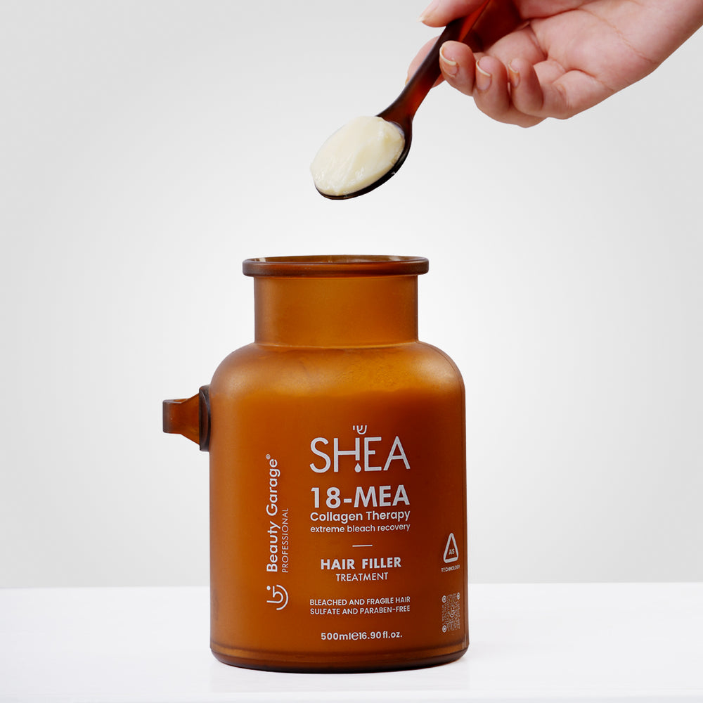 A bottle of Shea 18-Mea Collagen Hair Filler Treatment stands against a gray background