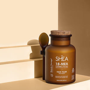 Brown bottle labeled "Shea 18-MEA Collagen Hair Filler Treatment" with spoon, gracefully placed on beige steps.