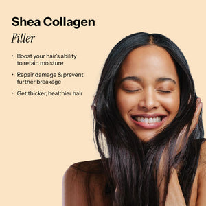 A model highlights benefits of the Shea 18-Mea Collagen Hair Filler Treatment for moisture retention, healthier hair.