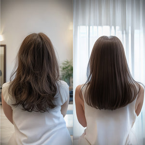 Two images of a woman's back showcase the stunning transformation using Shea-18 Mea Collagen Therapy Shampoo.